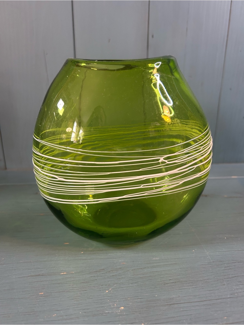 Vintage 1960’s Mid-Century Modern Green Glass Vase with White Swirl Accent